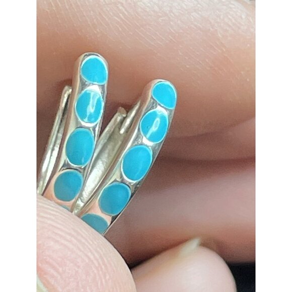 Aqua Blue Enamel 925 Silver Huggie Hoop Earrings Pierced - Picture 10 of 13